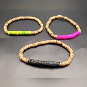 Men’s 3pc Boho Surfer Bracelet Set | Heishi & Lava Rock | 6.5"